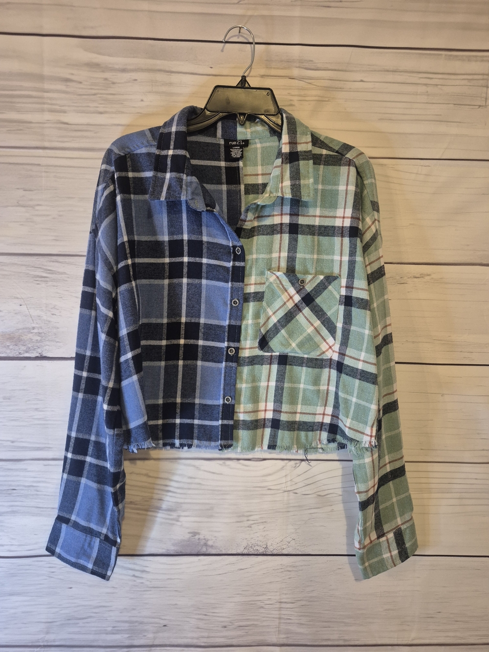 Rue21 Two-Tone Cropped Plaid Button-Down Shirt - Blue & Green